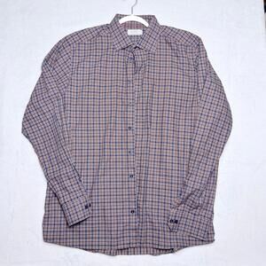 Eton of Sweden Dress Shirt Men’s 18 XXL Contemporary Fit Brown Navy Plaid Check